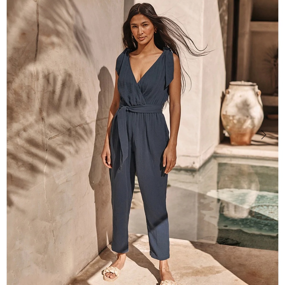 The Going Places Gauze Tie-Shoulder Jumpsuit Pockets Small Navy Blue 100% Cotton
